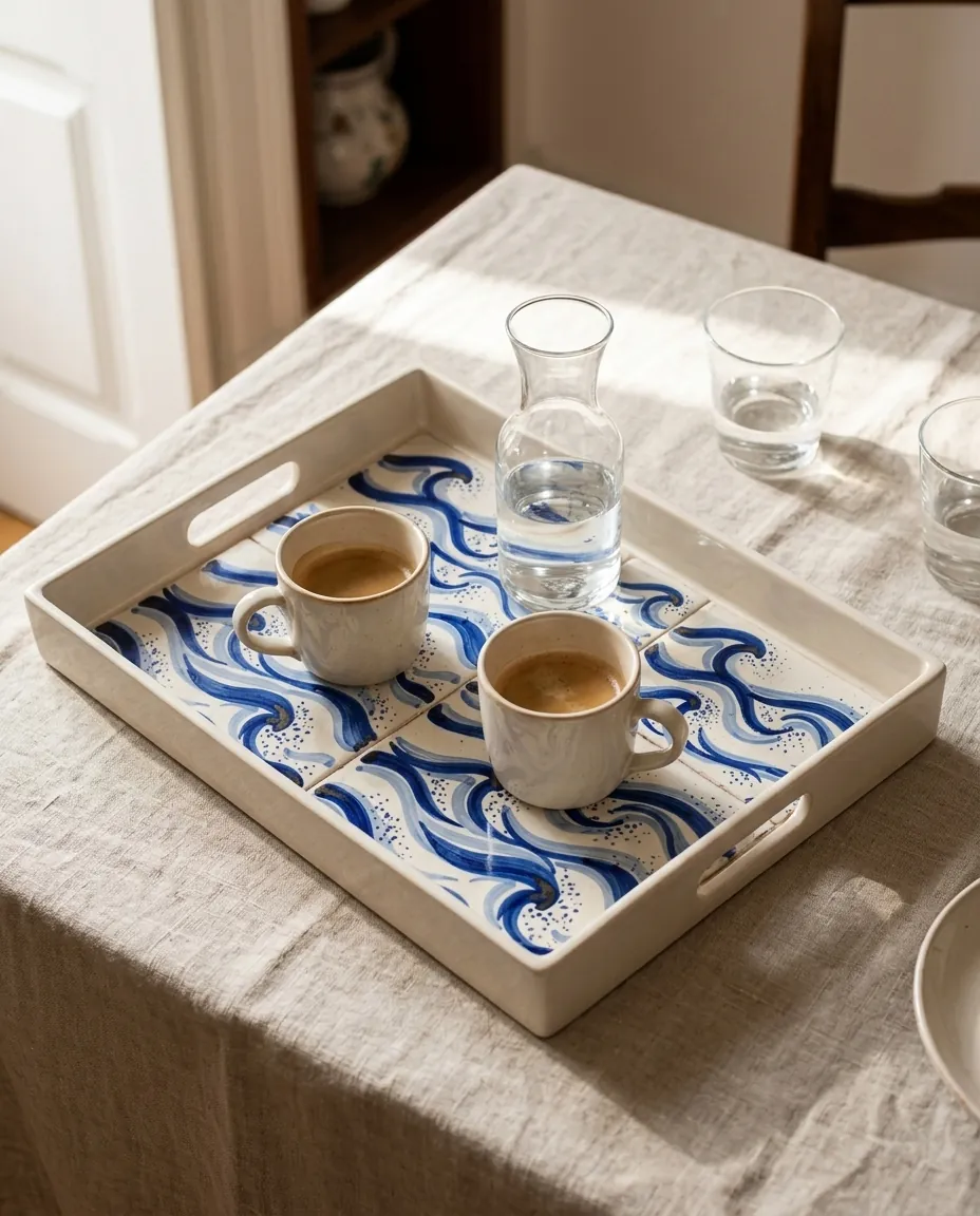 Maré Rectangular Tray — in use